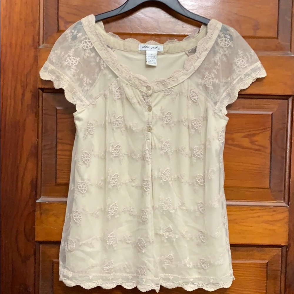 Tan/beige blouse with sheer overlay